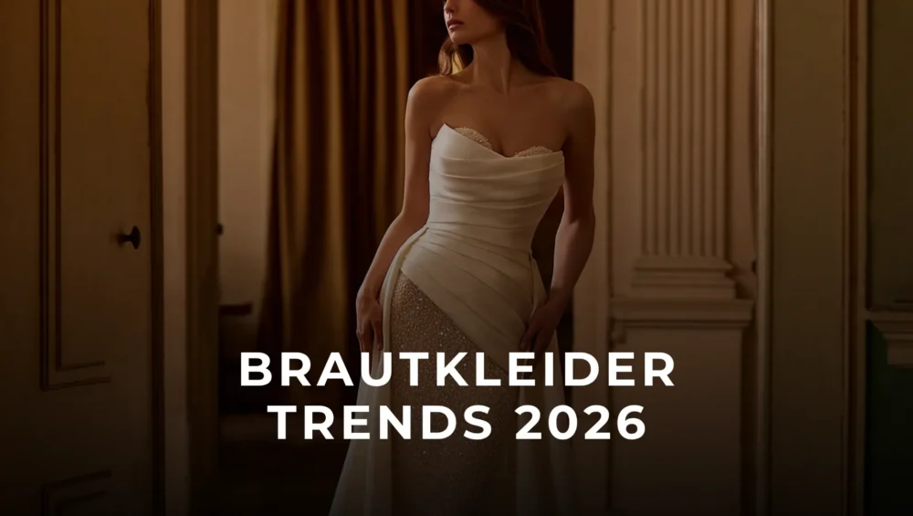 Eine elegante Braut in einem trägerlosen, figurbetonten Brautkleid mit edlem Perlen- und Glitzerbesatz im Dekolleté und Rock. Im Vordergrund steht der weiße Text „BRAUTKLEID TRENDS 2026“