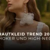 Detailansicht eines Brautkleids mit Spitzenträgern und passendem Statement-Choker mit Tüllrose für den Hochzeitstrend 2027, fotografiert für das Brautmodengeschäft in Minden.
