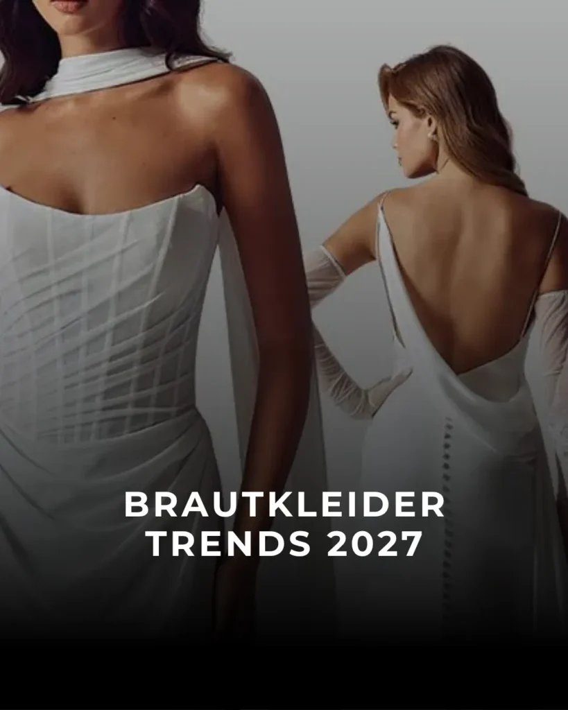 Fokus auf zwei atemberaubende Hochzeitskleider-Trends für 2027: Eine edle Corsage mit Neckholder-Element und ein tiefer, freier Rücken mit feinen Knöpfen. Unten funkelt der Schriftzug „BRAUTKLEIDER TRENDS 2027“